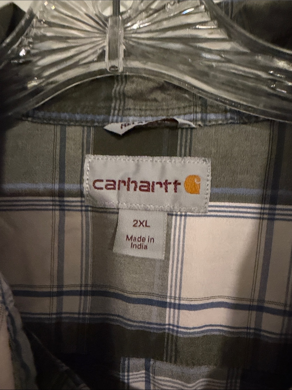 Carhartt Olive Green and White Plaid Short-Sleeve Button-Down Shirt - Picture 2 of 3
